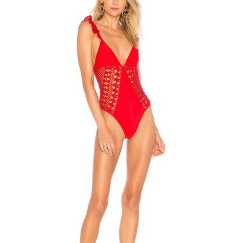Lovers + Friends Small I GOT YOU ONE PIECE Red Crochet Bathing Suit Swim Ruffle